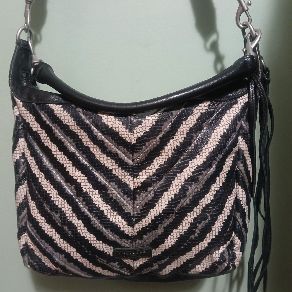 Liebeskind Black and Cream Chevron Leather-Trim Shoulder Bag